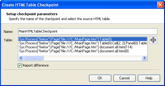 Create HTML Table Checkpoint dialog