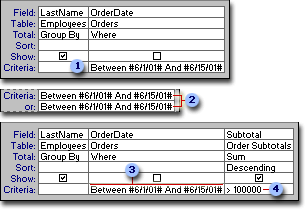 Specifying criteria in the query design grid