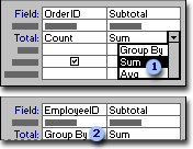 Defining calculations and groupings in the query design grid