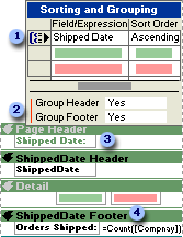 Setting group header and footer properties in the Sorting and Grouping box