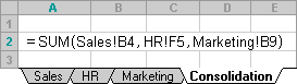 Formula to consolidate cells from three worksheets
