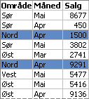 Eksempel på kildedata i pivottabeller