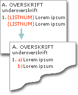 LISTNUM-felt brukt til å generere bokstaver på samme linje som numre