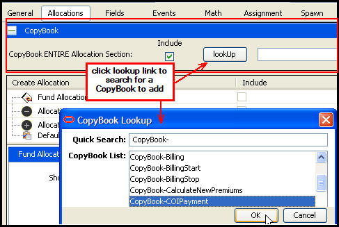 CopyBook section expanded on Allocation pane with CopyBook Lookup window open
