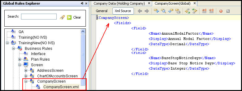 XML section of CompanyScreen business rule