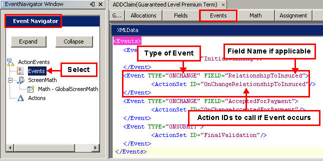 Events and Actions XML sample