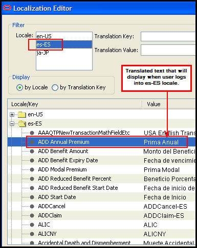 Localization Editor with field translation highlighted