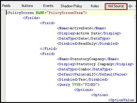 Policy Screen XML Source Pane