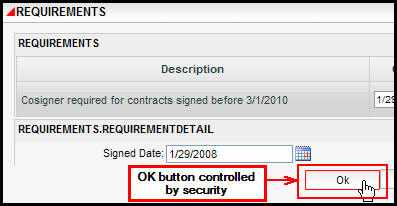 Requirement OK button controlled by security
