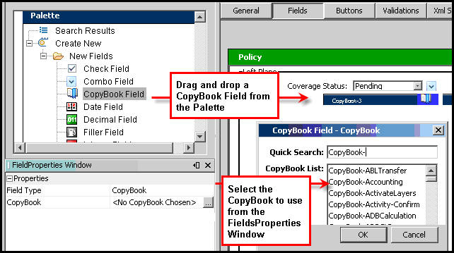 CopyBook field dropped in Fields section with Field Properties window open
