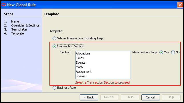 Select sections of transaction to include in CopyBook