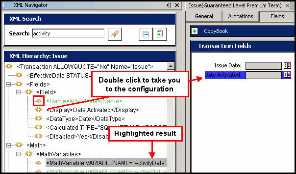 XML Navigator showing search results for activity