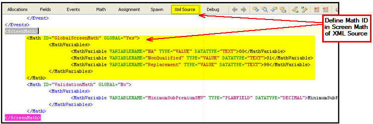 Screen Math Viewed from XML Source Pane