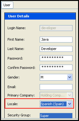 Locale specified in User security file