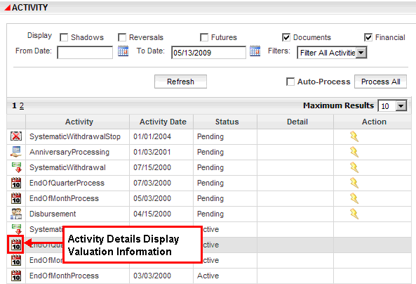 Activity screen with Valuation activity details icon highlighted.