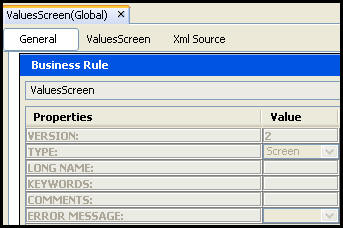 General pane of the Values screen business rule