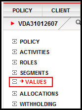 Values link in Policy left navigation menu