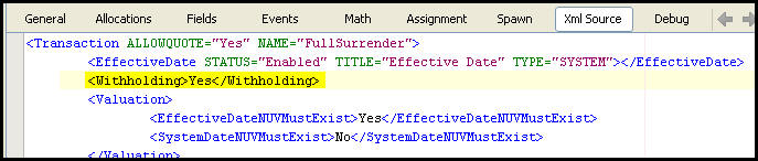 Transaction XML file with withholding element highlighted