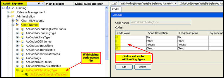 Withholding codes in Rules Palette Admin Explorer