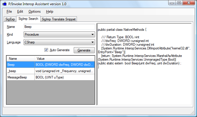 Figure 1: P/Invoke Interop Assistant GUI – SigImp Search