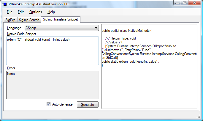 Figure 2: P/Invoke Interop Assistant GUI – SigImp Translate Snippet
