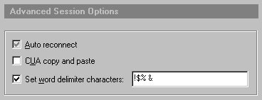 Advanced Session Options panel:  Setting word delimiter characters