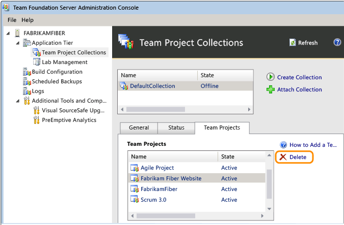 Delete link for team project in TFS Admin Console