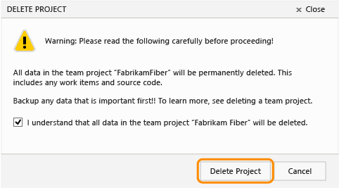 Select the check box and click Delete Project