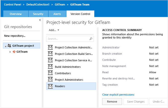 Permissions page for Git project in admin context