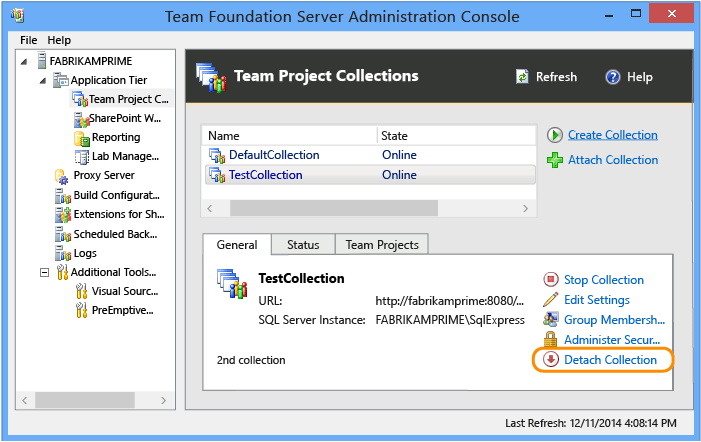 Detach a team project collection