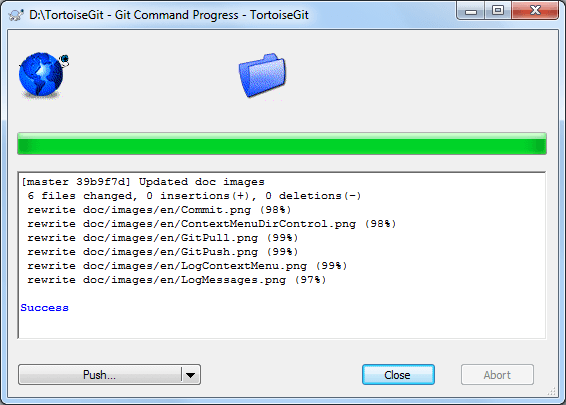 The Progress dialog showing a commit in progress
