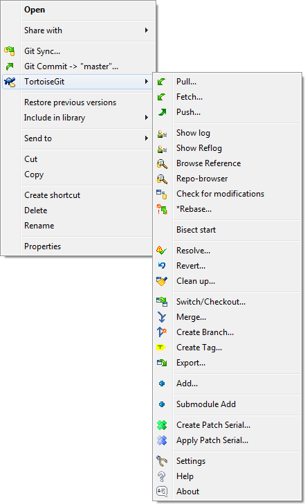 Context menu for a directory under version control