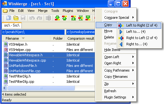 Folder Compare window Copy context menu