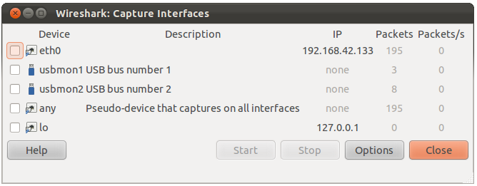 The "Capture Interfaces" dialog box on Unix/Linux
