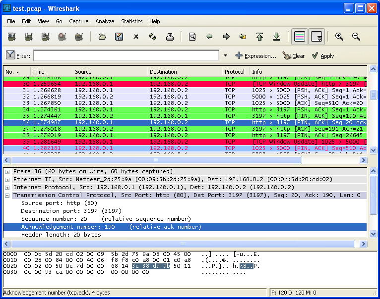 Wireshark with a TCP packet selected for viewing