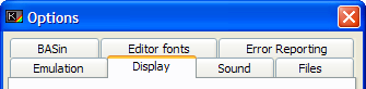 Options window, 'Display' tab.
