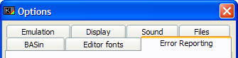 Options window, 'Error Reporting' tab.