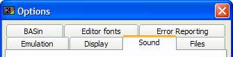 Options window, 'Sound' tab.
