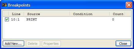 Breakpoints window