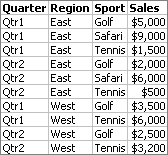Example of PivotTable source data