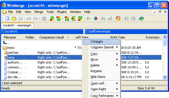 Folder Compare window, comparing unique folder