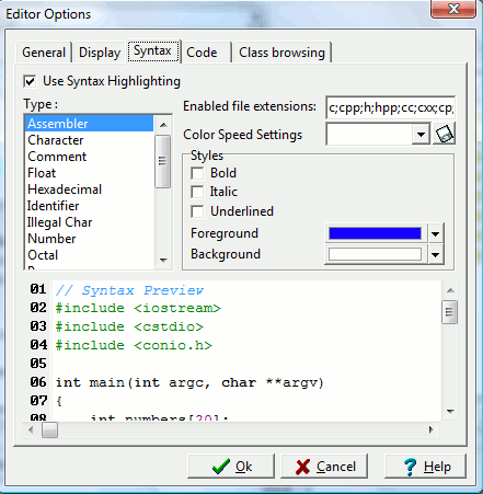 Editor Options - Syntax